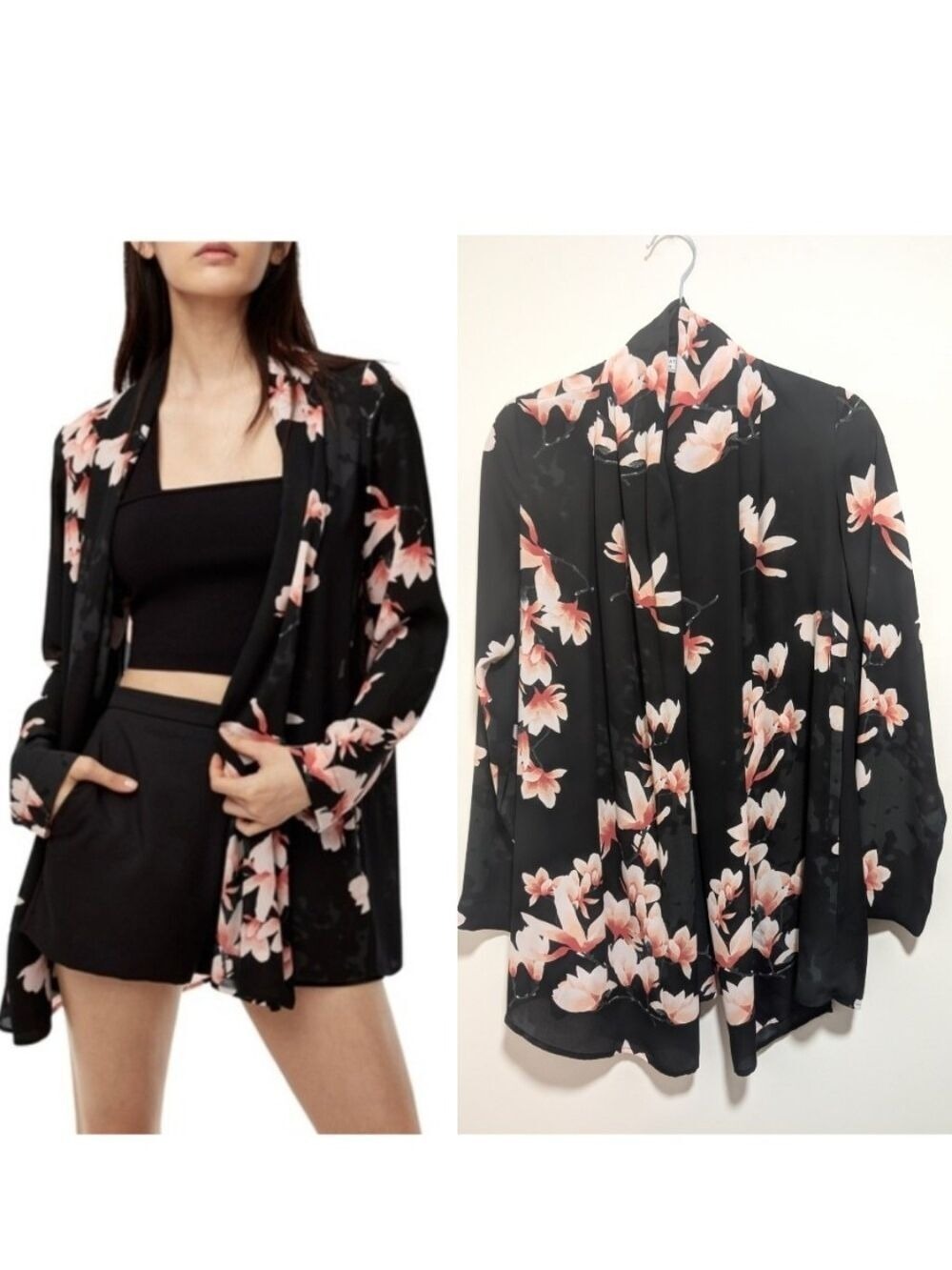Aritzia Babaton | Lian Floral Open Front Kimono Jacket In Black
